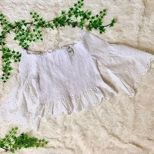 Express Off Shoulder Eyelet Lace Bell Sleeve Top